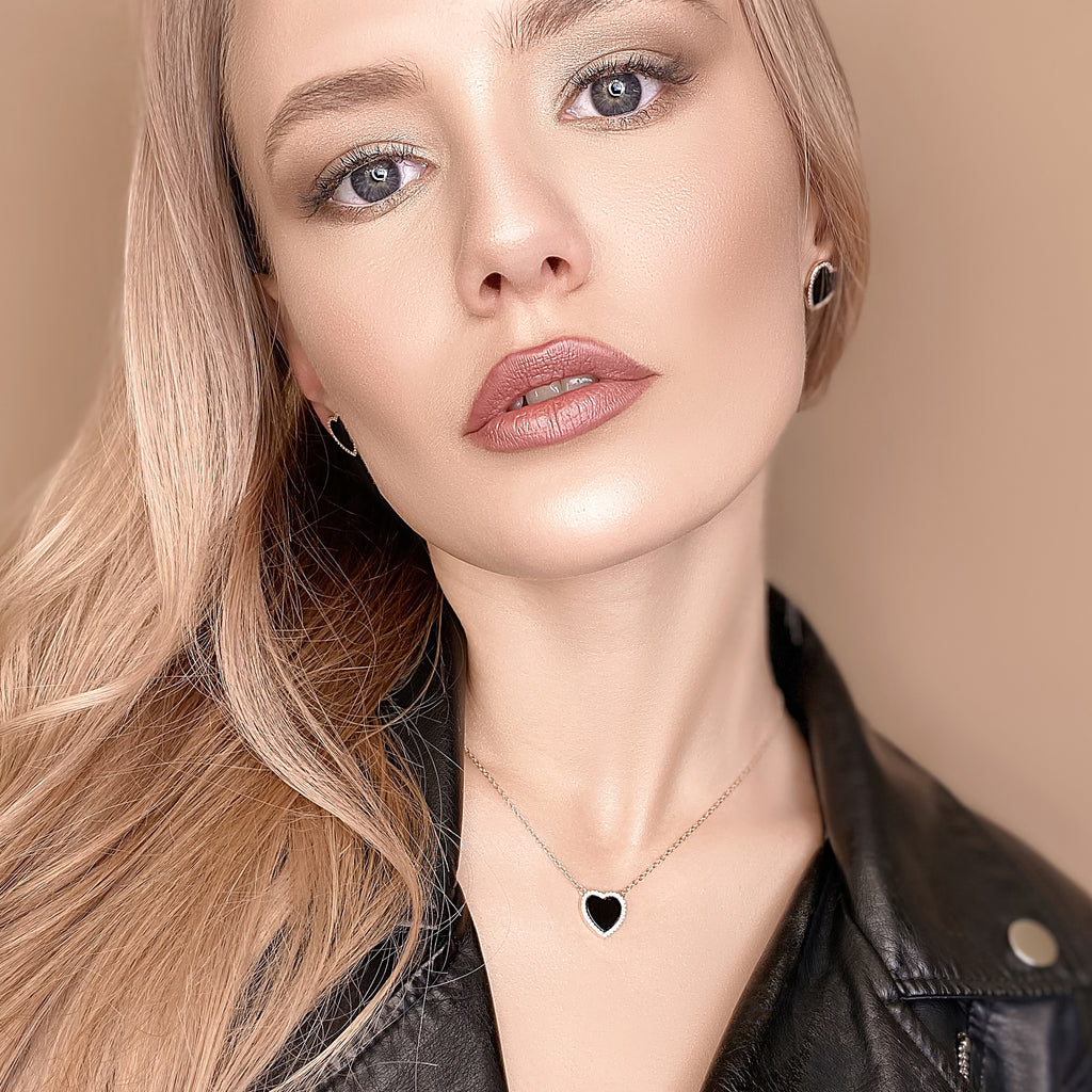 Sterling Silver Onyx Heart Halo Necklace