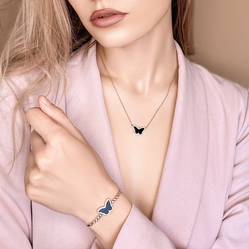 Sterling Silver Onyx Butterfly Halo Necklace