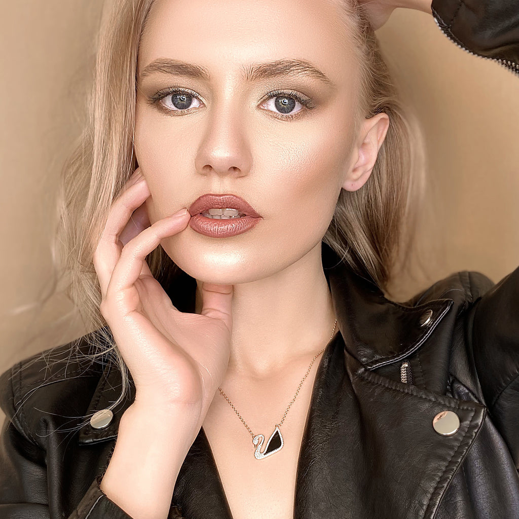 Sterling Silver Onyx Swan Halo Necklace
