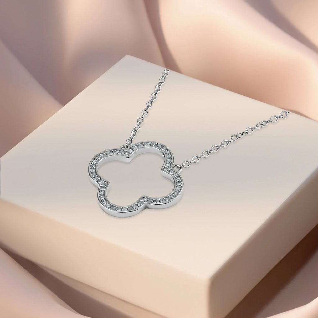 Sterling Silver Clover Halo Pave Necklace