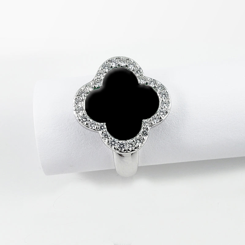 Sterling Silver Onyx Pave Clover Ring