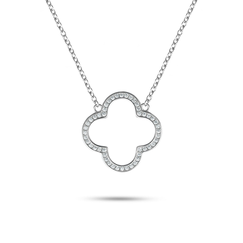 Sterling Silver Clover Halo Pave Necklace