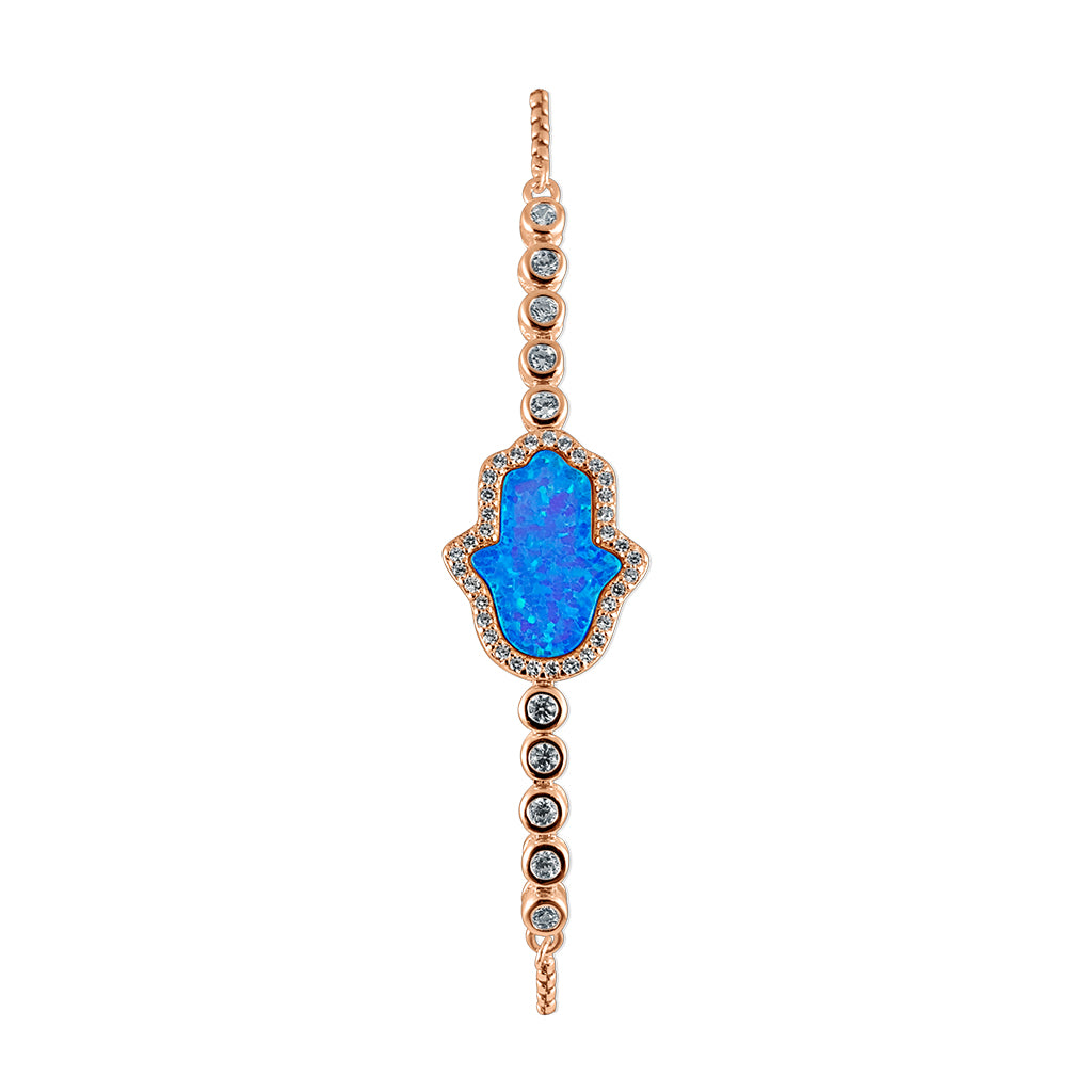 Blue Opal Hamsa Bolo Bracelet Rhodium Plated