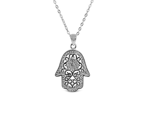 Sterling Silver Hamsa (Groove) Necklace Rhodium Plated - Mosaic Jewels