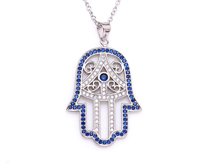 Sterling Silver Classic Hamsa Necklace Rhodium Plated (Blue Stones) - Mosaic Jewels