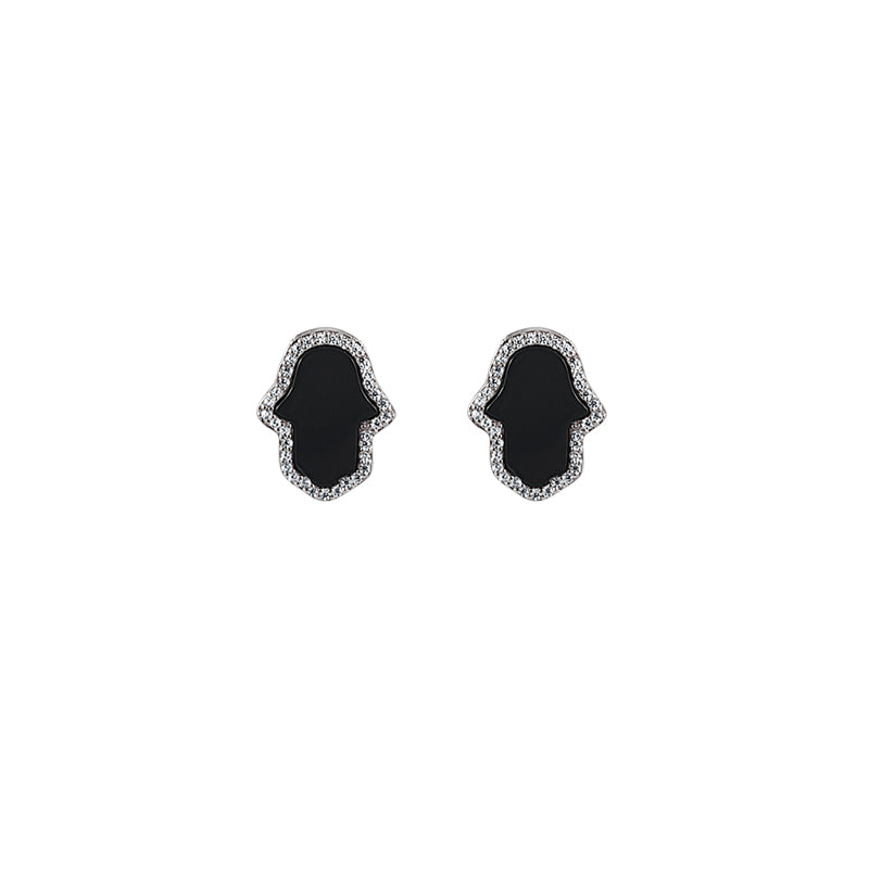 Sterling Silver Onyx Hamsa Earrings - Mosaic Jewels
