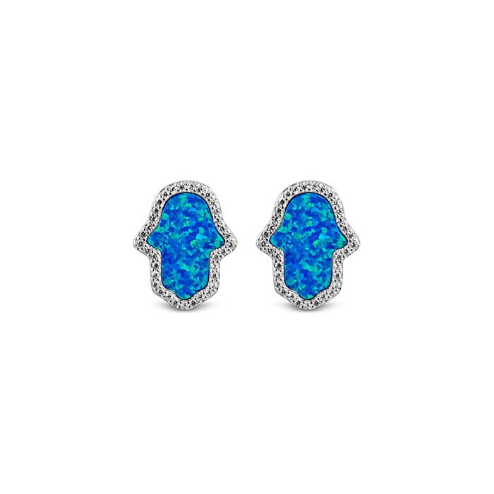 Sterling Silver Opal Blue Hamsa Earrings Rhodium Plated - Mosaic Jewels