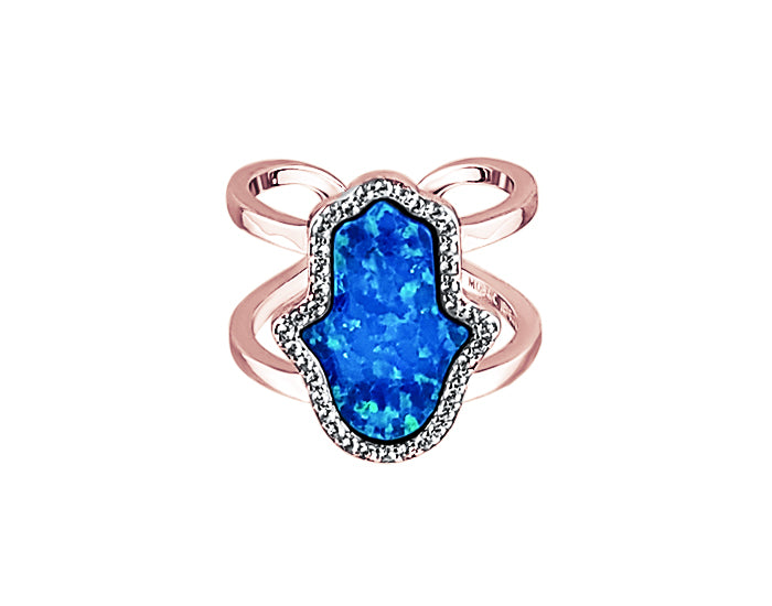 Sterling Silber Opal Blau Hamsa Doppelband Ring Roségold - Mosaik Juwelen