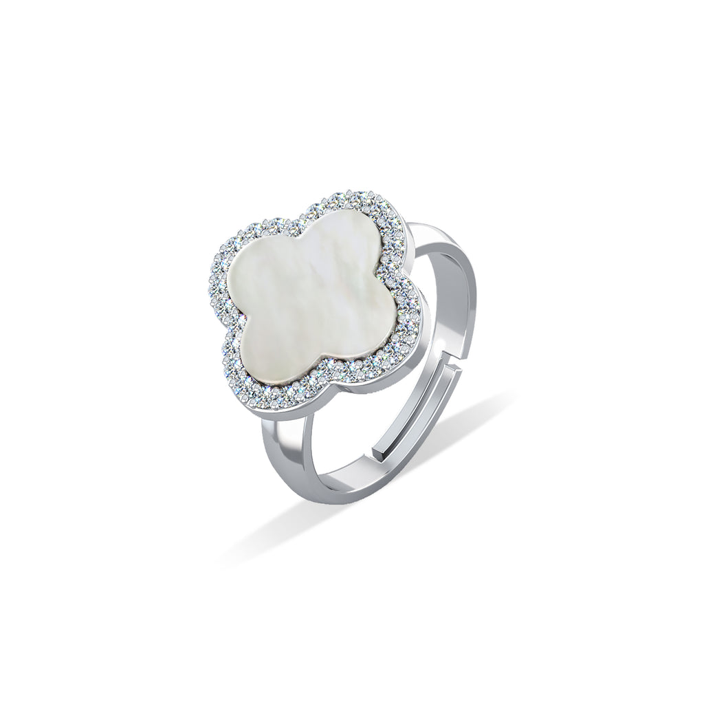 Sterling Silver Mother of Pearl Clover Pave Ring
