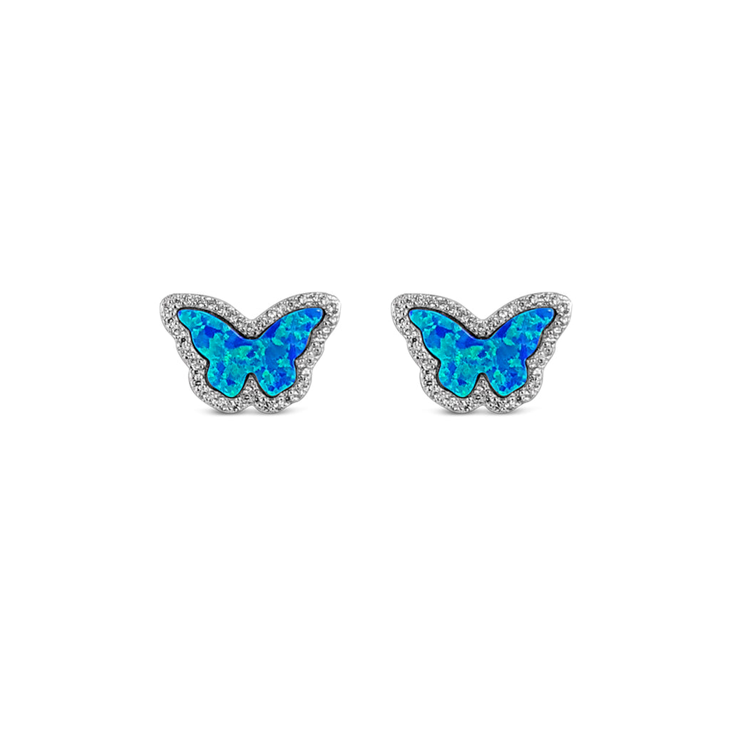 Sterling Silver Opal Blue Butterfly Earrings Rhodium Plated - Mosaic Jewels