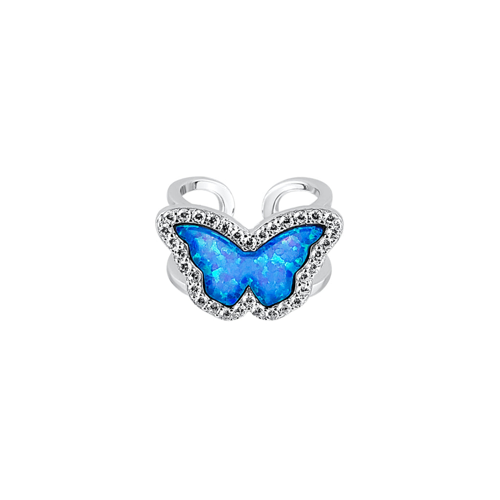 Sterling Silver Opal Blue Butterfly Double Band Ring - Mosaic Jewels