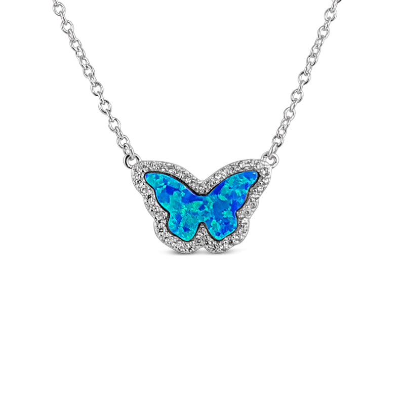 Sterling Silver Opal Blue Butterfly Necklace Rhodium Plated - Mosaic Jewels