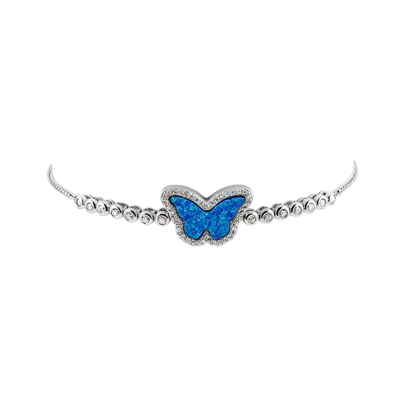 Sterling Silver Opal Blue Butterfly Bracelet Rhodium Plated - Mosaic Jewels