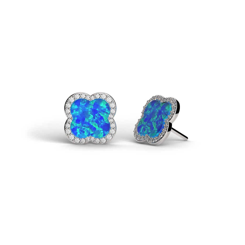 Sterling Silver Opal Blue Clover Earrings Rhodium Plated - Mosaic Jewels
