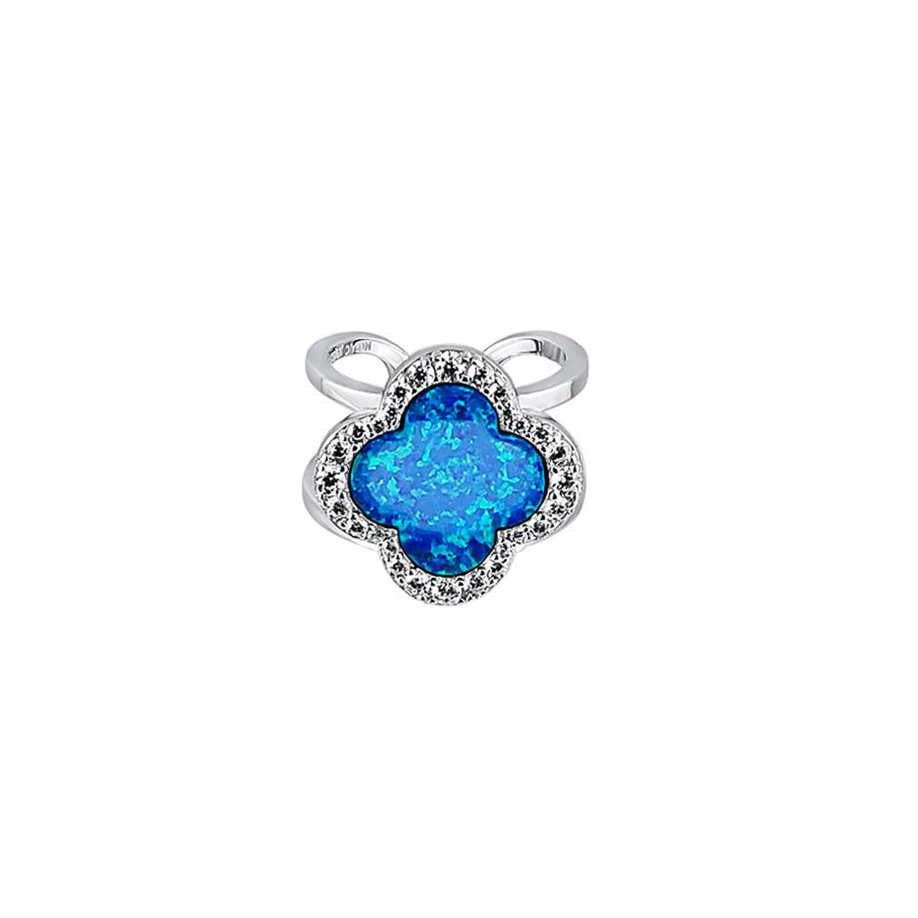Sterling Silver Opal Blue Clover Double Band Ring Rhodium Plated - Mosaic Jewels