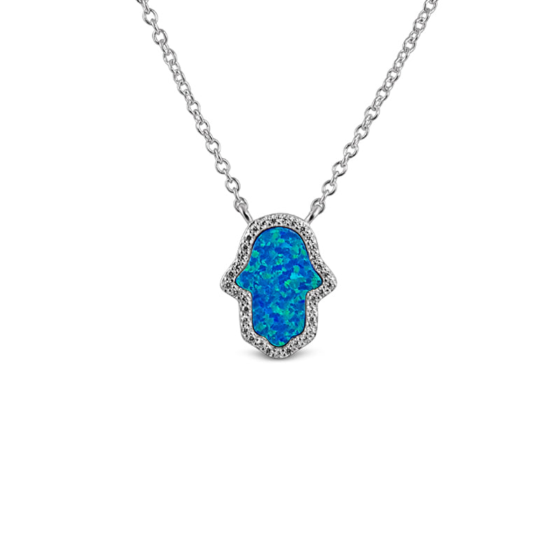 Sterling Silver Opal Blue Hamsa Necklace Rhodium Plated - Mosaic Jewels