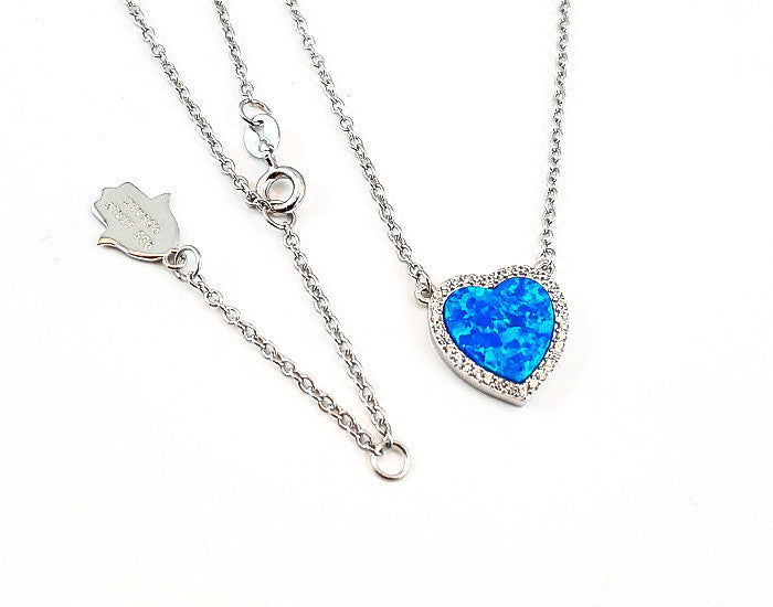 Sterling Silver Opal Blue Heart Pendant Rhodium Plated - Mosaic Jewels